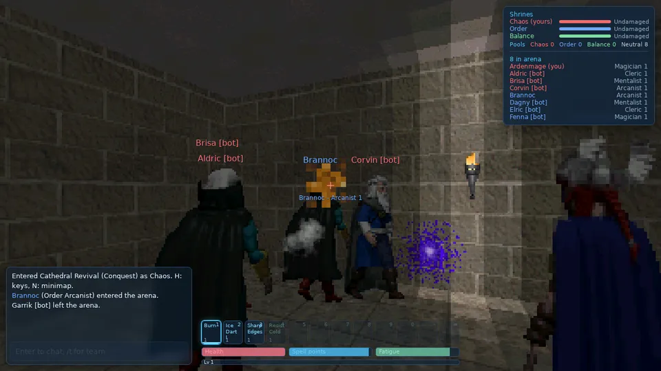 Magestorm in the browser: in a torch-lit stone hall a fireball flies into a close crowd of mages while a violet spell bursts beside them, with the Modern HUD